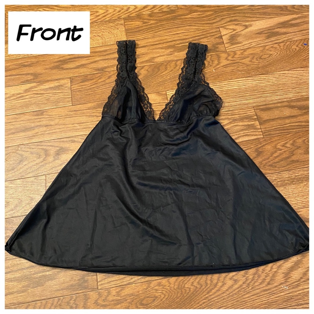 Vintage Ultra Mini Black Babydoll Slip Dress Mini Chemise, Lace Trimmed, Medium - Picture 3 of 9